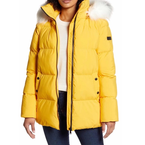 mustard faux fur trim hooded puffer coat